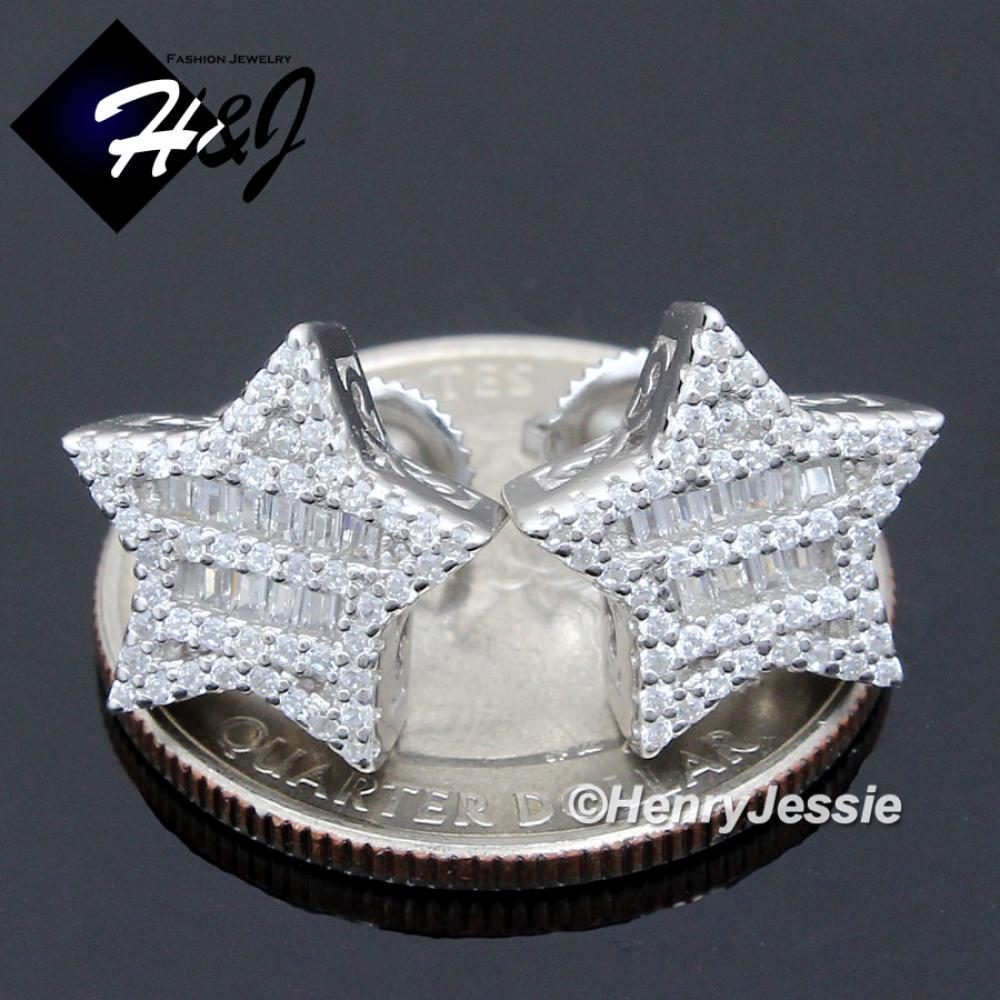 MEN SOLID 925 STERLING SILVER ICY BLING BAGUETTE CZ 3D STAR STUD EARRING*E226