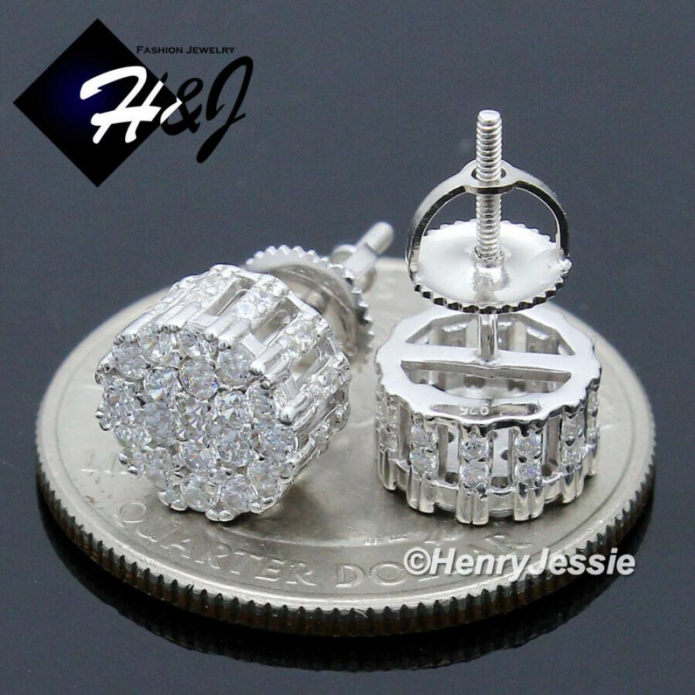 MEN 925 STERLING SILVER 8MM FULL ICY BLING CUBIC ZIRCONIA ROUND 3D STUD EARRING*E208