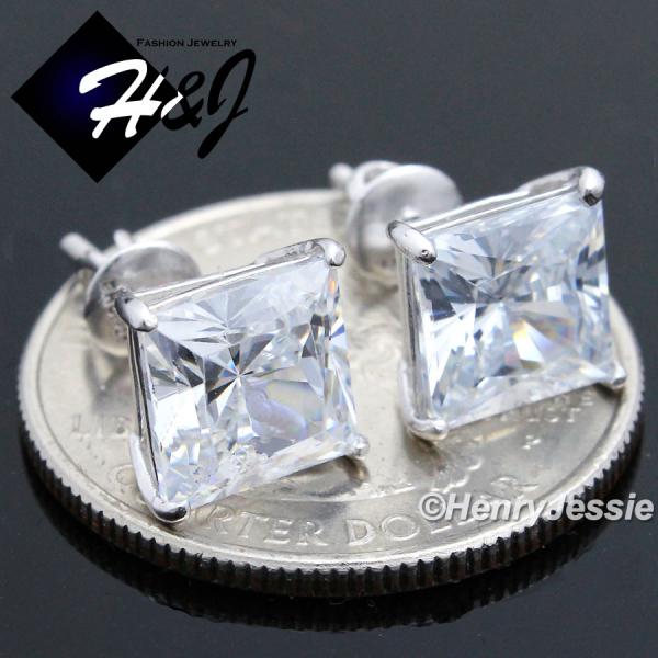 MEN WOMEN SOLID 925 STERLING SILVER ICY BLING CZ 8MM SQUARE 3D STUD EARRING*E93