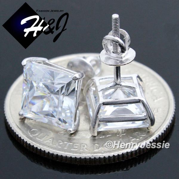 MEN WOMEN SOLID 925 STERLING SILVER ICY BLING CZ 8MM SQUARE 3D STUD EARRING*E93