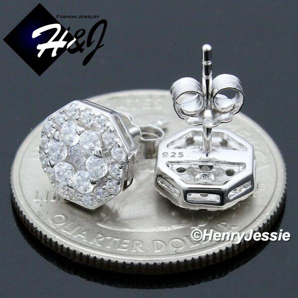 MEN SOLID 925 STERLING SILVER ICY BLING CZ 3D 9MM OCTAGONSTUD EARRING*E220
