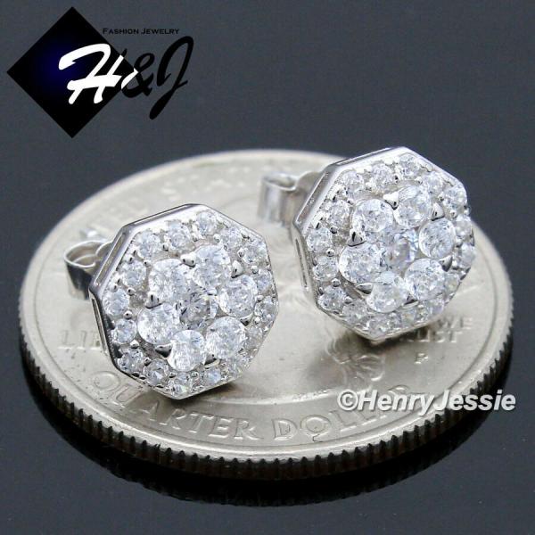 MEN SOLID 925 STERLING SILVER ICY BLING CZ 3D 9MM OCTAGONSTUD EARRING*E220