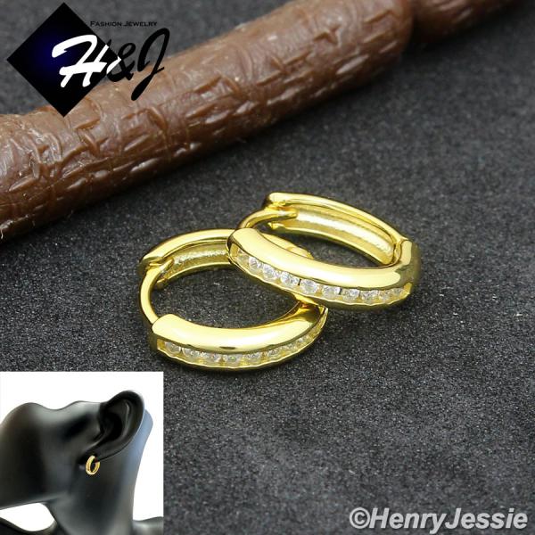 MEN WOMEN 925 STERLING SILVER ICY CZ GOLD PLATED/SILVER HUGGIE HOOP EARRING*E247