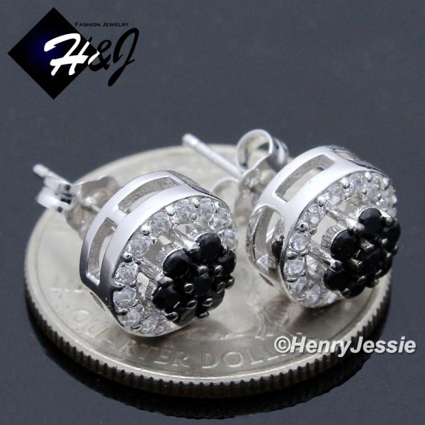 MEN WOMEN 925 STERLING SILVER ROUND 10MM BLACK/SILVER ICY BLING CZ 3D STUD EARRING*E39