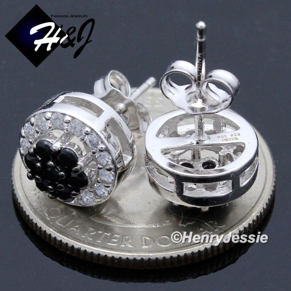 MEN WOMEN 925 STERLING SILVER ROUND 10MM BLACK/SILVER ICY BLING CZ 3D STUD EARRING*E39