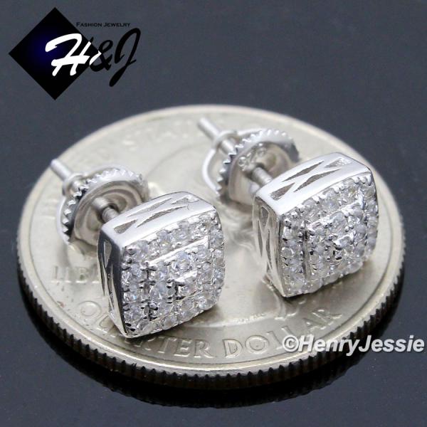MEN SOLID 925 STERLING SILVER 8MM ICY BLING CZ 3D SQUARE STUD EARRING*E200