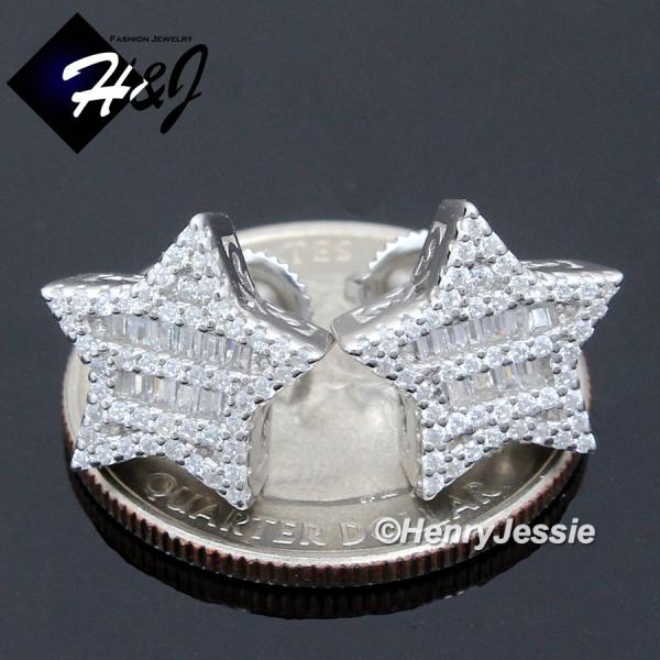 MEN SOLID 925 STERLING SILVER ICY BLING BAGUETTE CZ 3D STAR STUD EARRING*E226