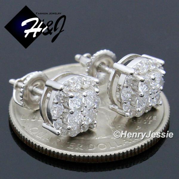 MEN WOMEN SOLID 925 STERLING SILVER ICY BLING CZ 9MM 3D ROUND STUD EARRING*E211