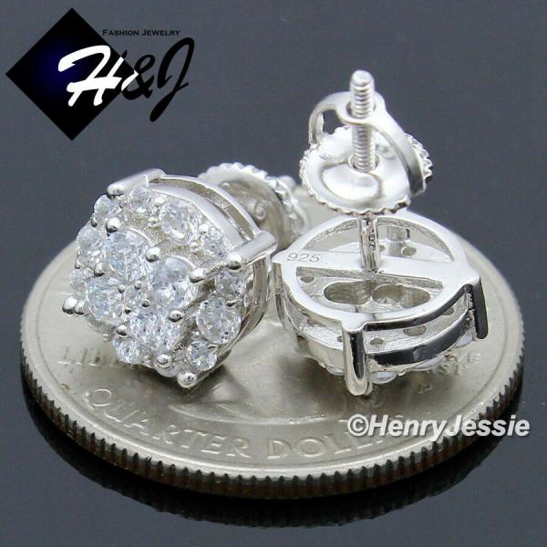 MEN WOMEN SOLID 925 STERLING SILVER ICY BLING CZ 9MM 3D ROUND STUD EARRING*E211