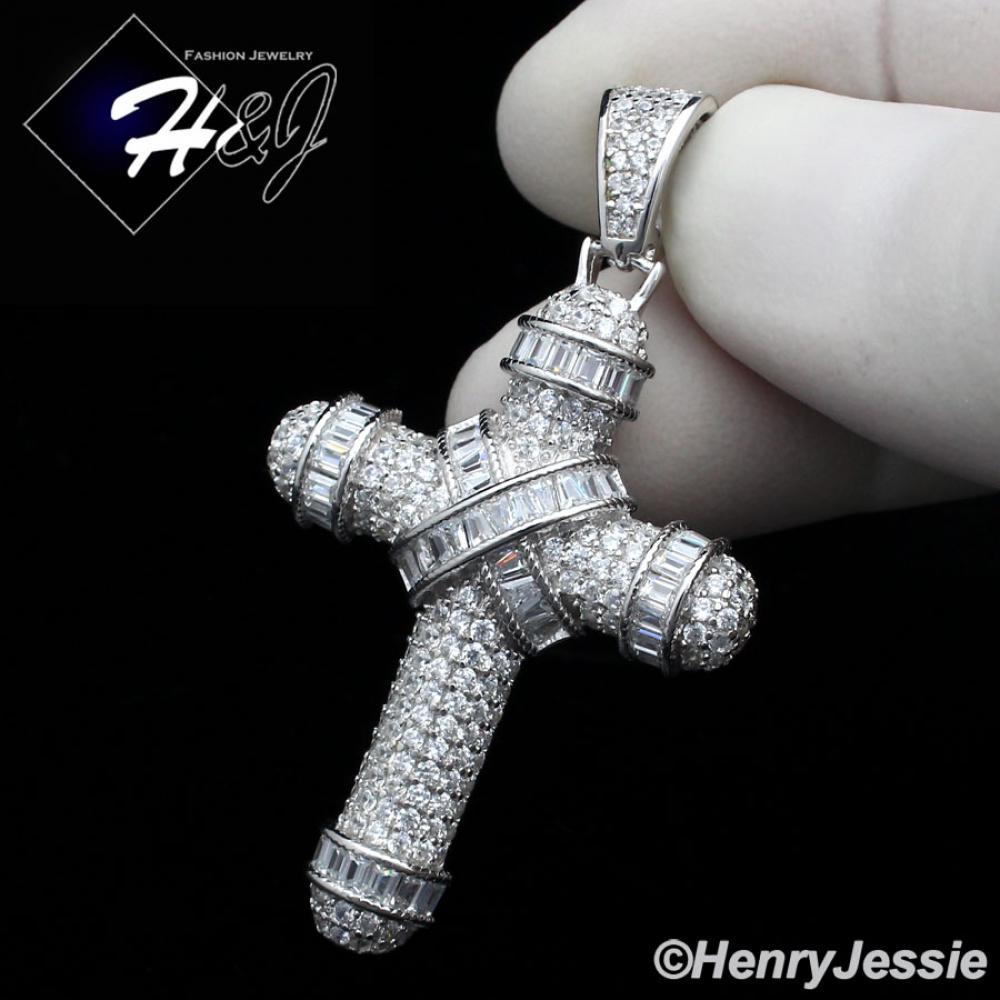 MEN SOLID 925 STERLING SILVER ICY BLING CUBIC ZIRCONIA 3D CROSS PENDANT*SP232