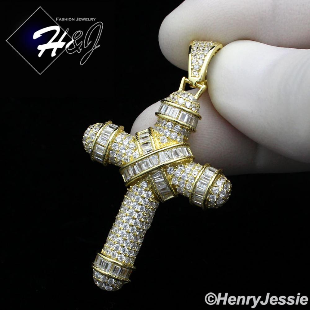 MEN 925 STERLING SILVER ICY BLING CUBIC ZIRCONIA 3D GOLD PLATED CROSS PENDANT*GP232