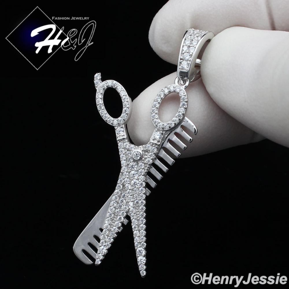 MEN WOMEN SOLID 925 STERLING SILVER ICY BLING CZ 3D COMB SCISSORS PENDANT*SP224