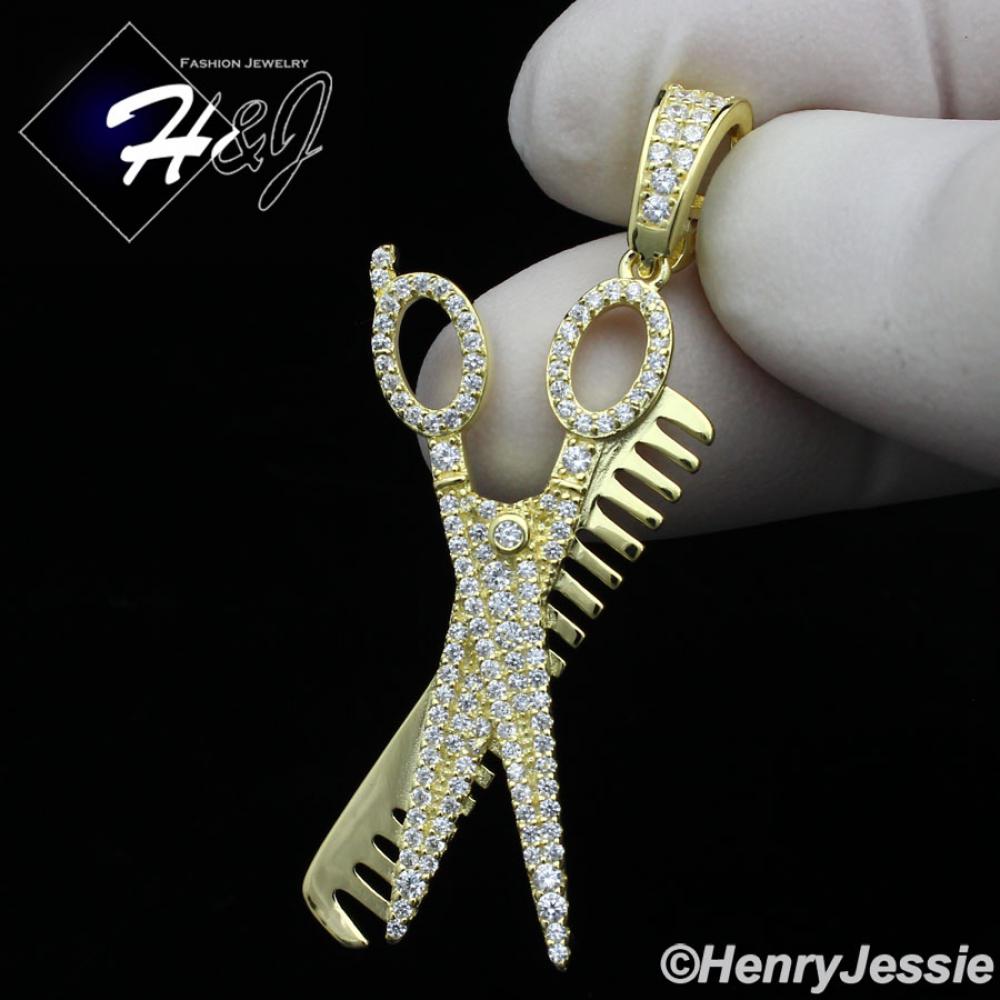 MEN WOMEN 925 STERLING SILVER ICY BLING CZ GOLD PLATED 3D COMB SCISSORS PENDANT*GP224
