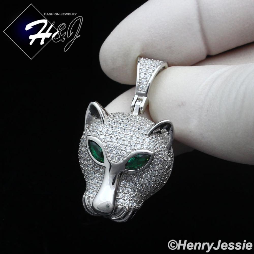 MEN SOLID 925 STERLING SILVER ICY BLING CZ SILVER 3D LEOPARD HEAD PENDANT*SP403