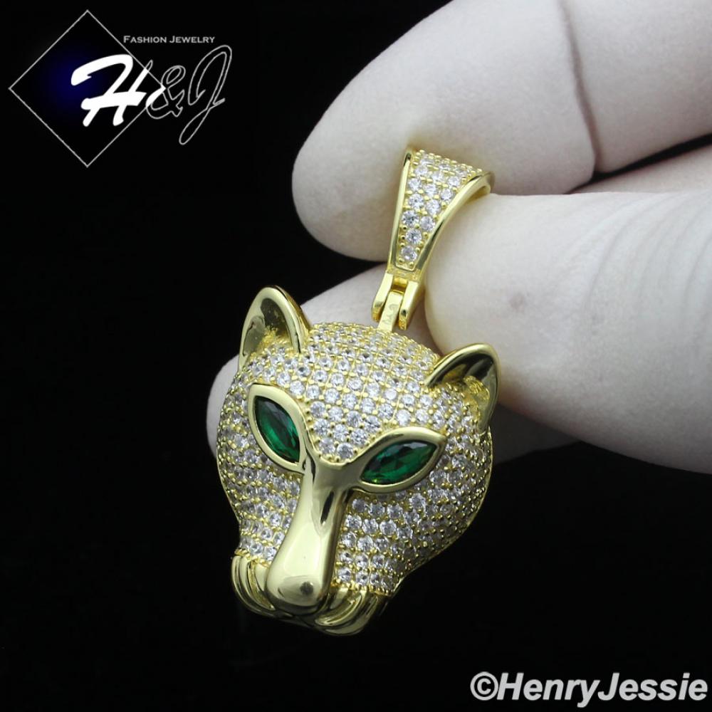 MEN 925 STERLING SILVER ICY BLING CZ GOLD PLATED 3D LEOPARD HEAD PENDANT*GP403