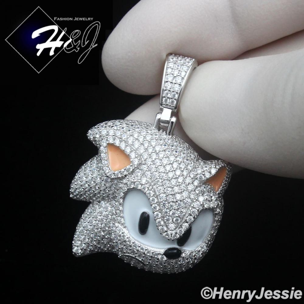 925 STERLING SILVER FULL ICY BLING CZ HIPHOP 3D SONIC CARTOON PENDANT*SP489