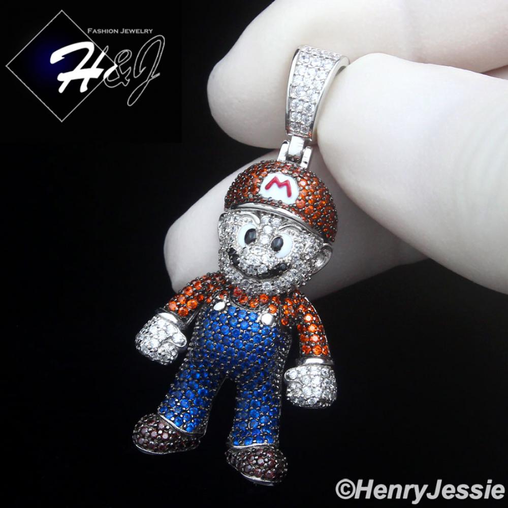 MEN SOLID 925 STERLING SILVER ICY BLING CZ HIPHOP 3D SUPER MARIO PENDANT*SP499