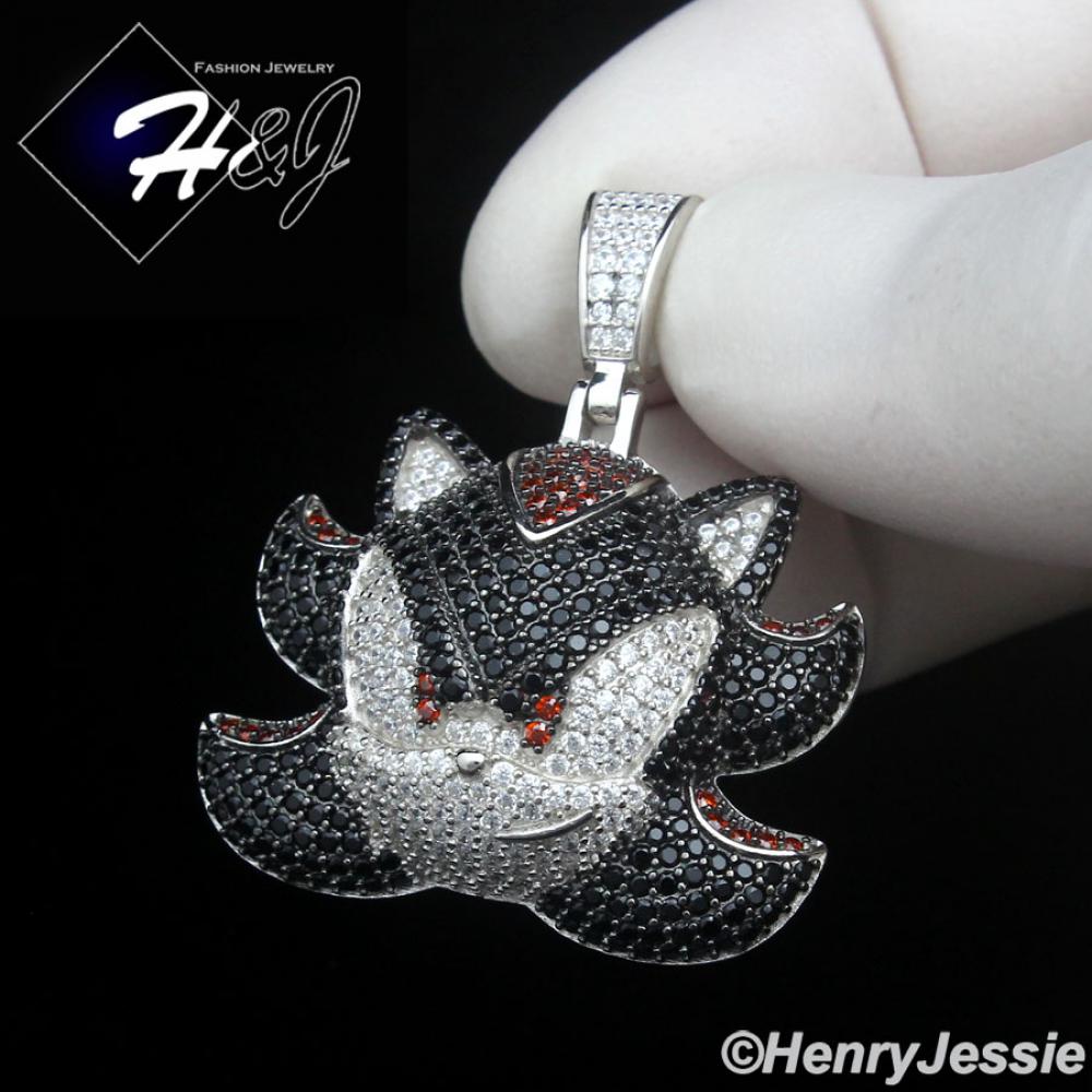 MEN SOLID 925 STERLING SILVER FULL ICY BLACK CZ SHADOW THE HEDGEHOG PENDANT*P500