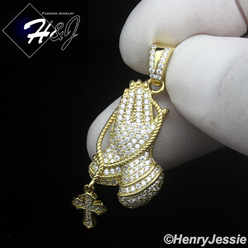 MEN WOMEN 925 STERLING SILVER ICY CZ GOLD PLATED 3D CROSS PRAYING HANDS PENDANT*GP501