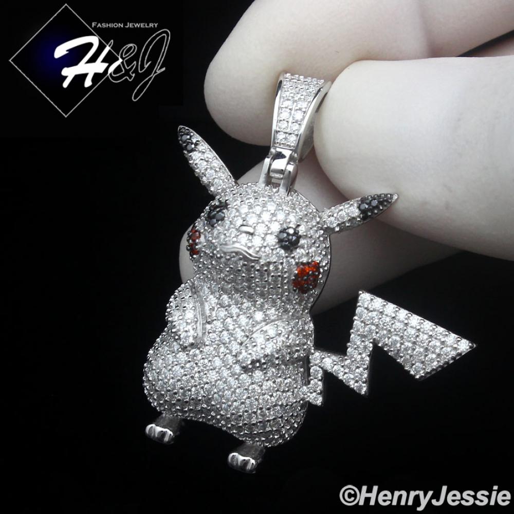 MEN SOLID 925 STERLING SILVER BLING CZ 3D HIPHOP PICKACHU POKEMON PENDANT*SP510