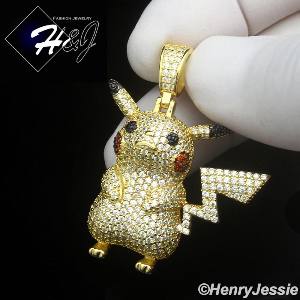 MEN 925 STERLING SILVER BLING CZ 3D GOLD PLATED HIPHOP PICKACHU POKEMON PENDANT*GP510