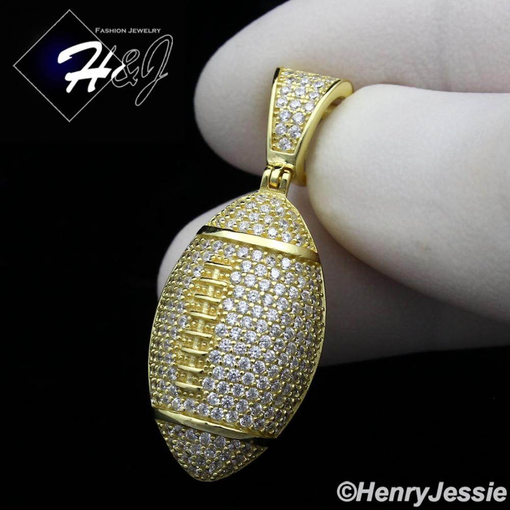 MEN WOMEN 925 STERLING SILVER ICY BLING CZ GOLD PLATED 3D FOOTBALL PENDANT*GP205