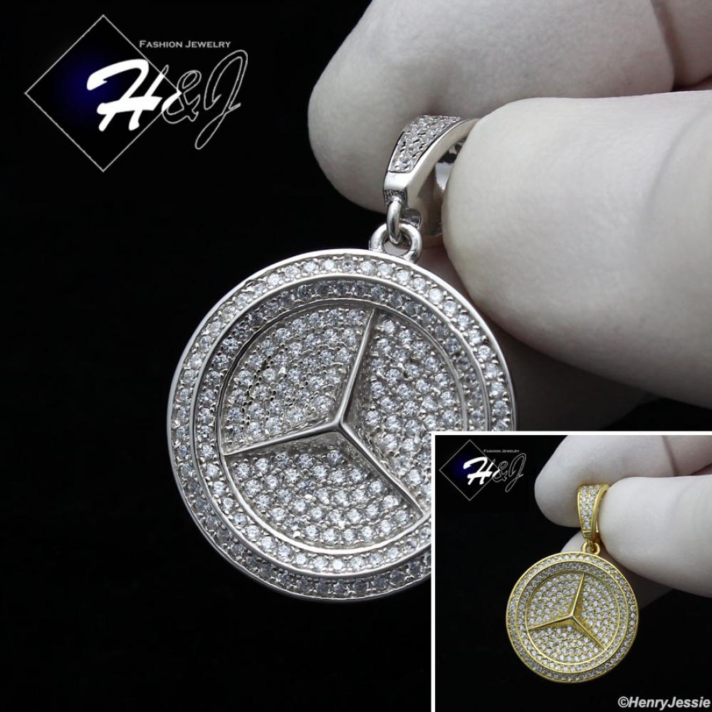 MEN 925 STERLING SILVER ICY BLING CZ GOLD PLATED/SILVER 3D ROUND PENDANT*SP279