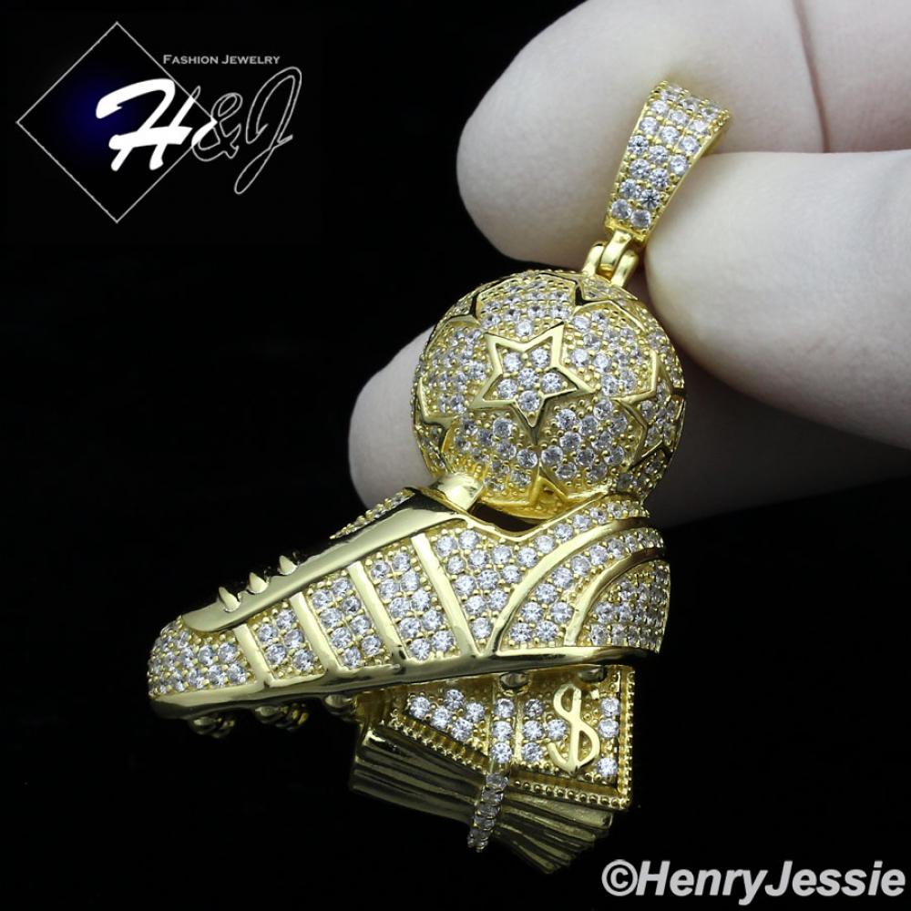 MEN 925 STERLING SILVER ICY BLING CZ 3D GOLD PLATED SOCCER FOOTBALL SHOE BALL PENDANT*GP304
