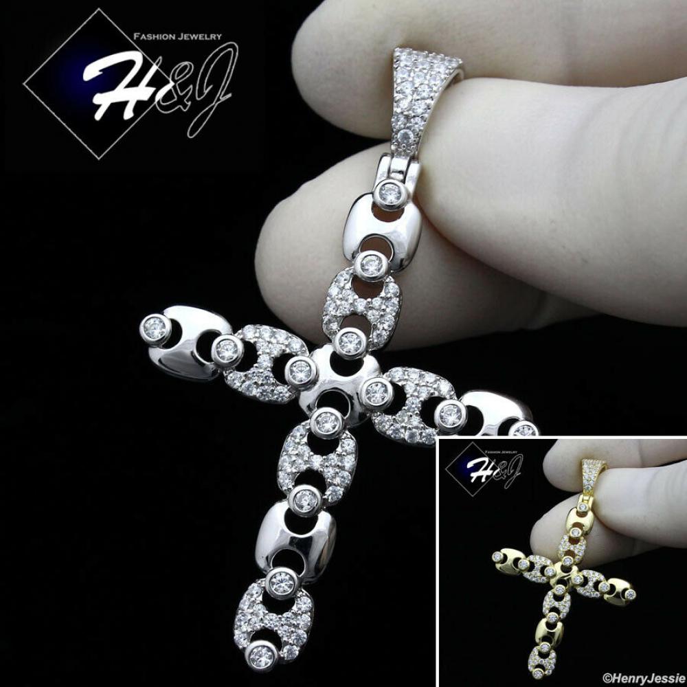 925 STERLING SILVER ICY BLING CZ GOLD PLATED/SILVER MARINER LINK CROSS PENDANT*SP377