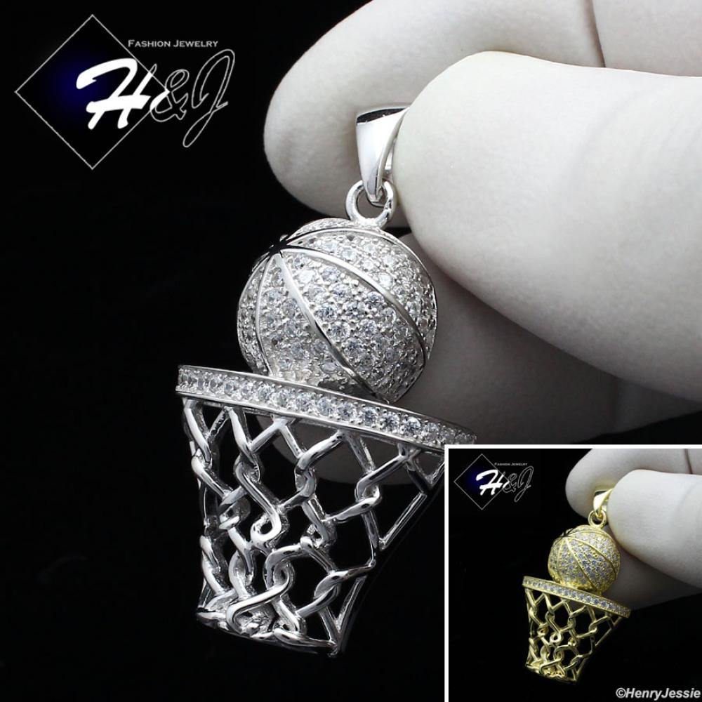 925 STERLING SILVER ICY BLING CZ GOLD PLATED/SILVER 3D BASKETBALL PENDANT*SP198