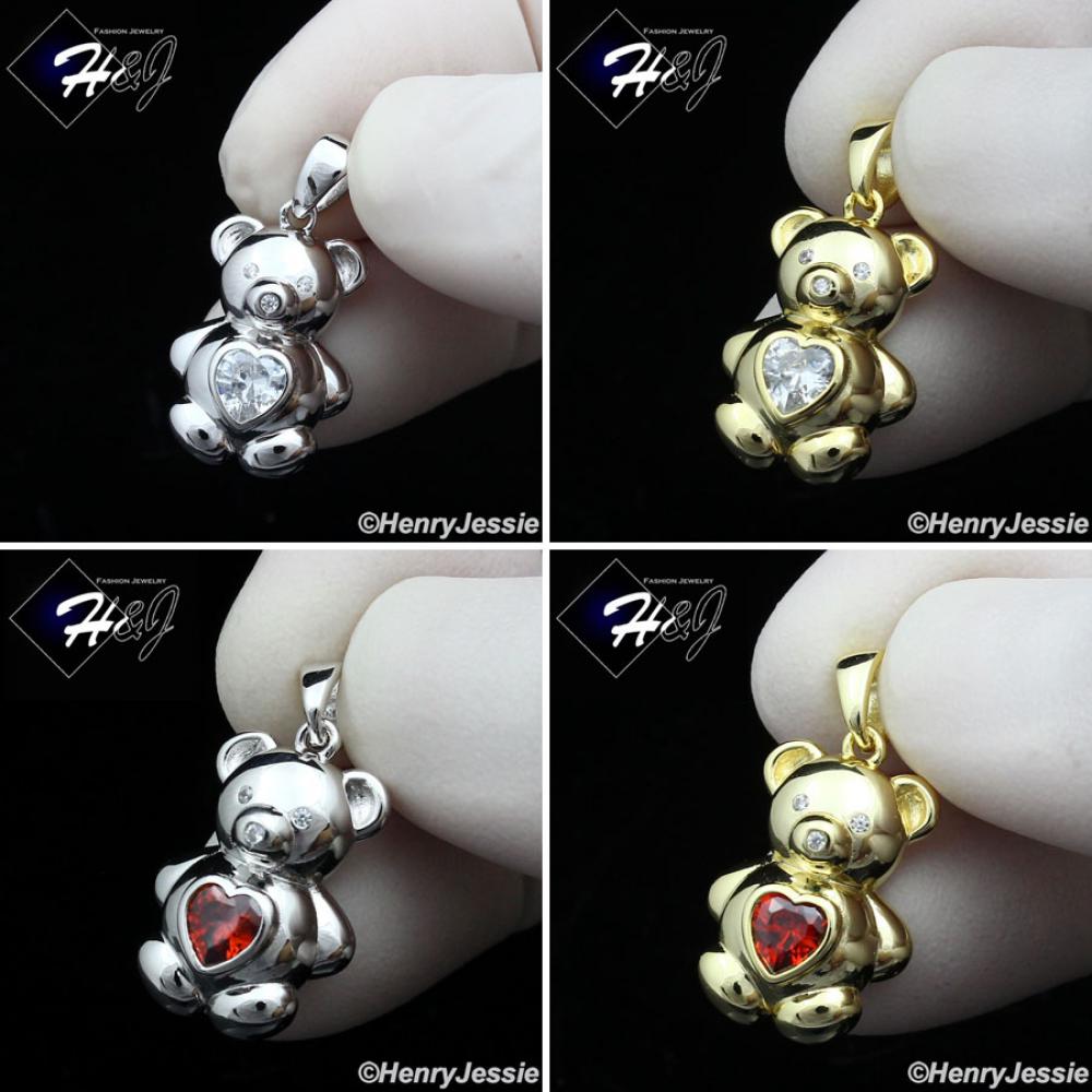 WOMEN 925 STERLING SILVER ICY HEART CZ GOLD PLATED/SILVER BABY BEAR PENDANT*P392