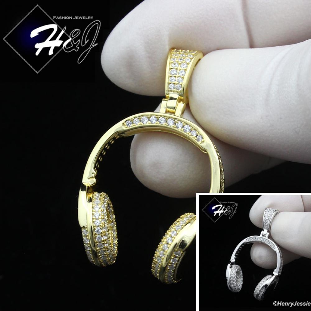 MEN 925 STERLING SILVER ICY BLING CZ GOLD PLATED/SILVER 3D HEADPHONE PENDANT*P401