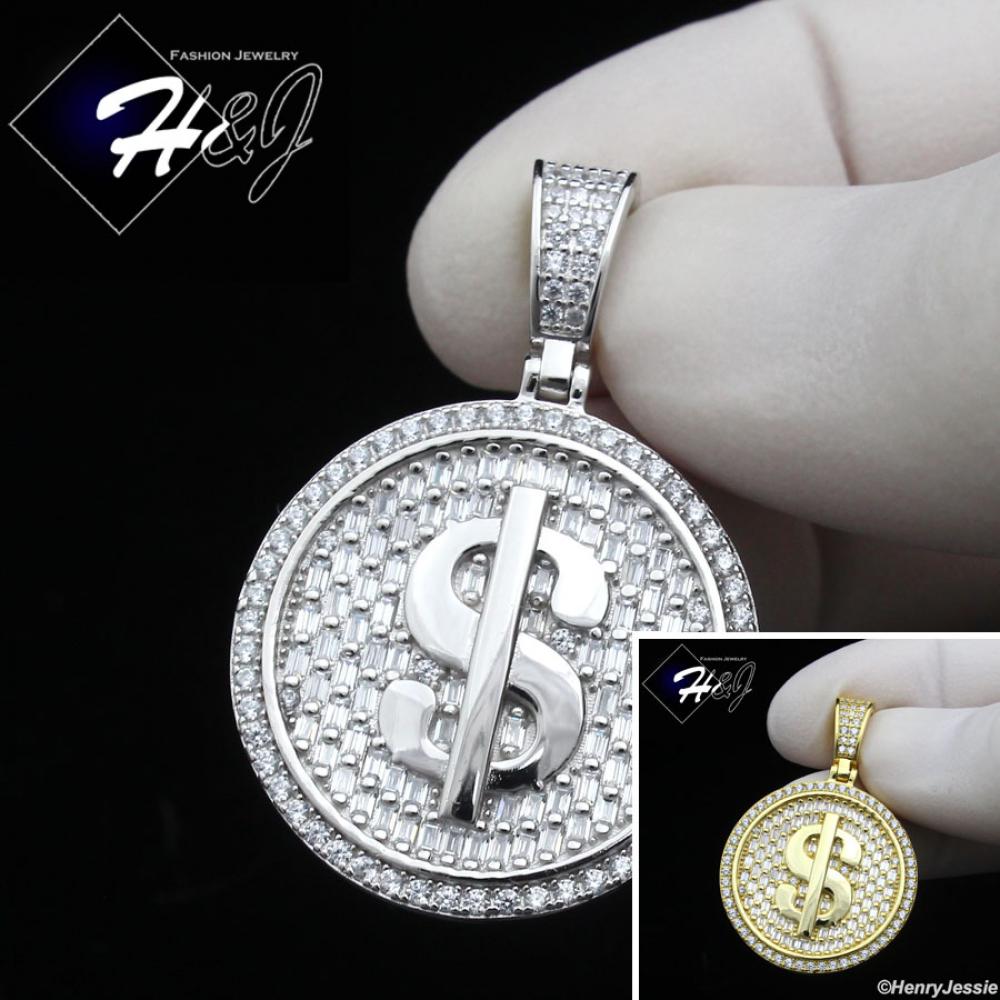 925 STERLING SILVER ICY BLING CZ GOLD PLATED/SILVER DOLLAR $ SIGN ROUND PENDANT*SP407