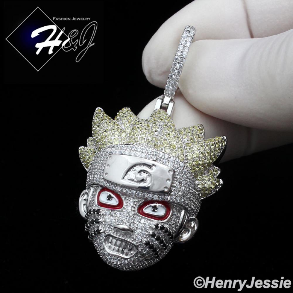 MEN SOLID 925 STERLING SILVER ICY BLING CZ 3D NARUTO UZUMAKI HEAD PENDANT*SP420