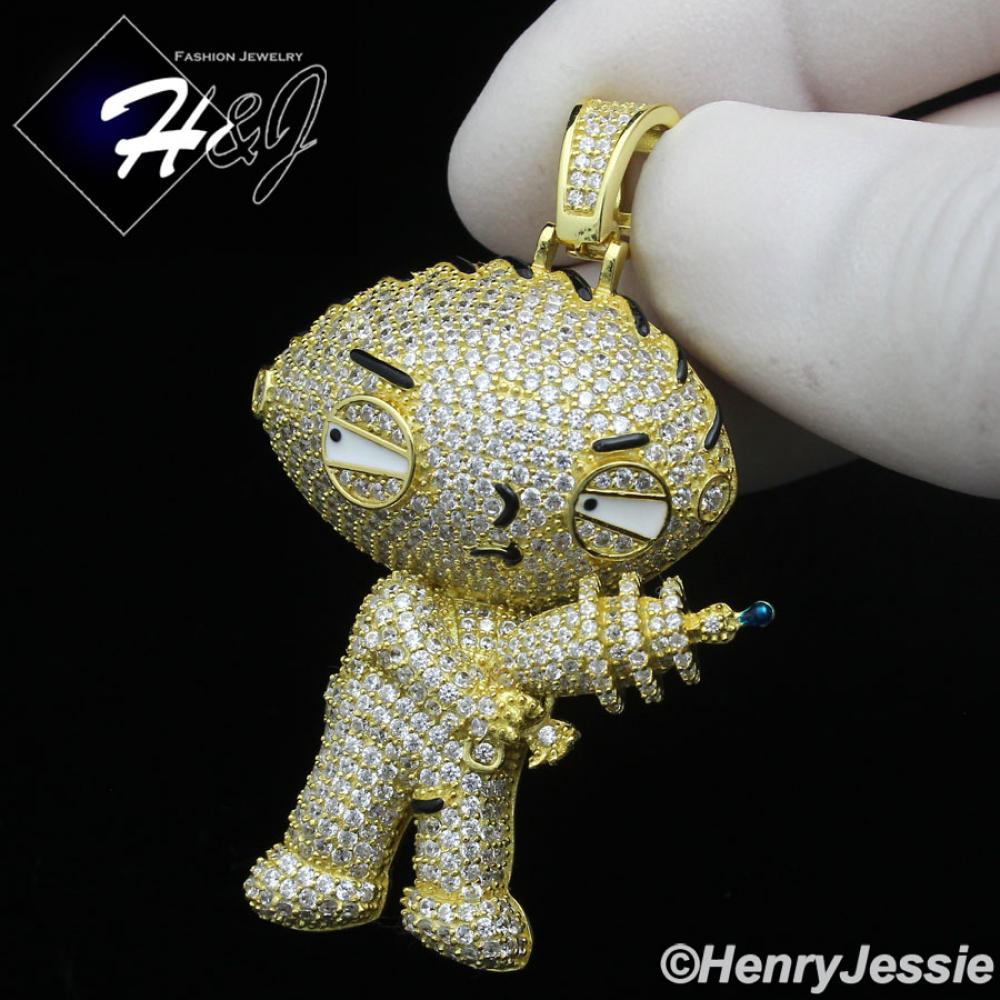 MEN 925 STERLING SILVER ICY CZ GOLD PLATED 3D STEWIE GRIFFIN FAMILY GUY PENDANT*GP436