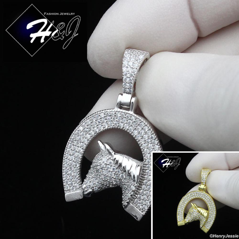 925 STERLING SILVER ICY CZ GOLD PLATED/SILVER HORSE HEAD HORSESHOE PENDANT*SP439