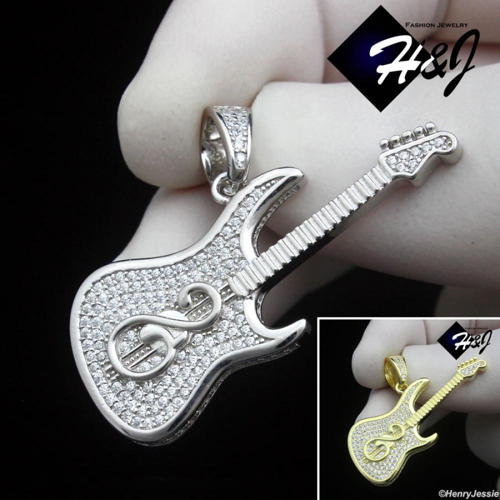 MEN WOMEN 925 STERLING SILVER ICY CZ GOLD PLATED/SILVER 3D GUITAR PENDANT*SP459