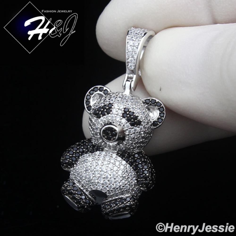MEN WOMEN SOLID 925 STERLING SILVER ICY CZ 3D SILVER/BLACK PANDA PENDANT*SP460