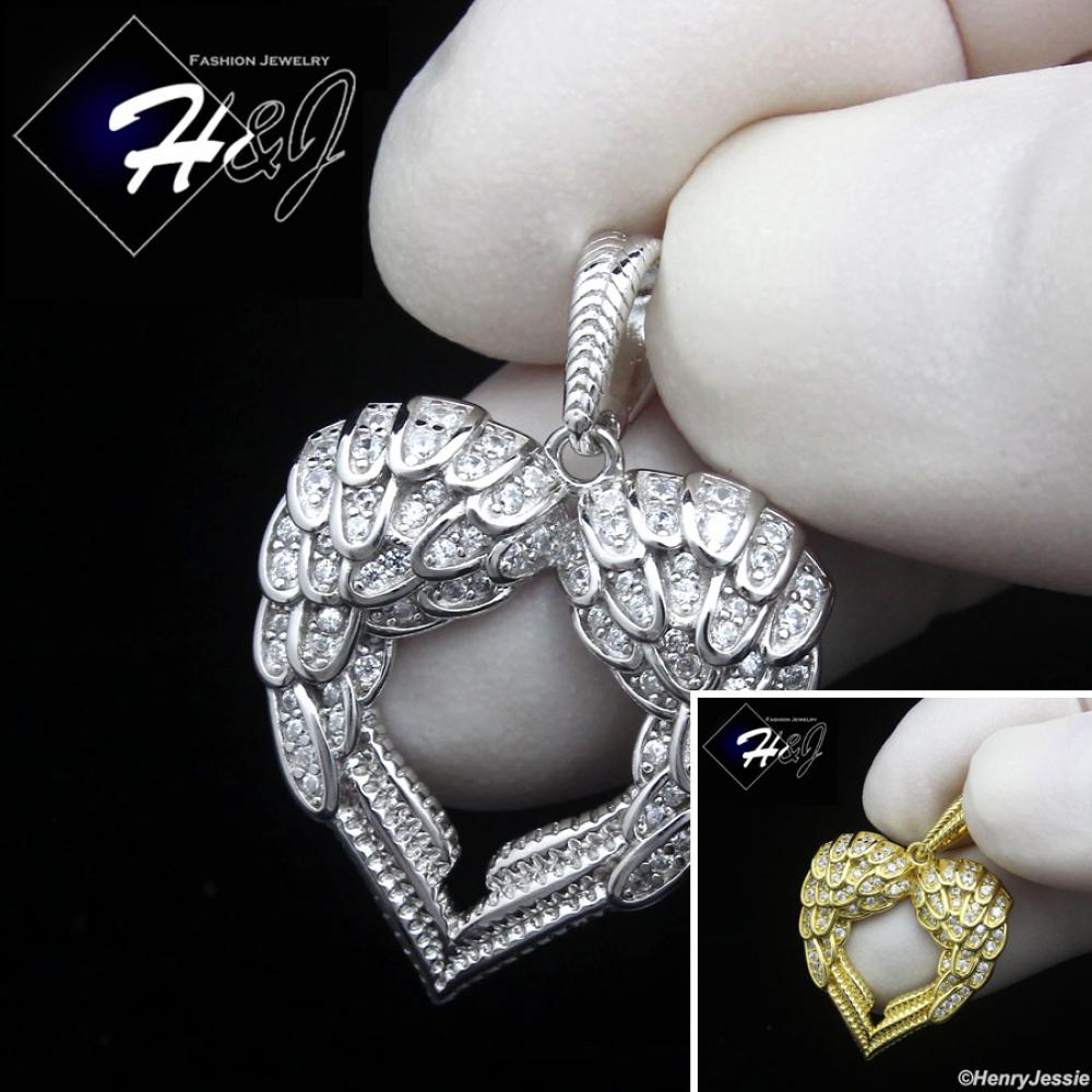 925 STERLING SILVER ICY CZ GOLD PLATED/SILVER 3D ANGEL WING HEART PENDANT*SP461