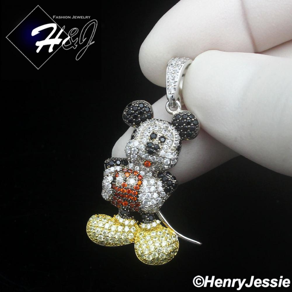MEN SOLID 925 STERLING SILVER ICY BLING CZ 3D HIPHOP MICKEY MOUSE PENDANT*SP475