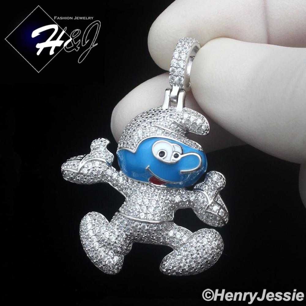 MEN SOLID 925 STERLING SILVER ICY BLING CZ 3D BLUE SMURF CARTOON PENDANT*SP476