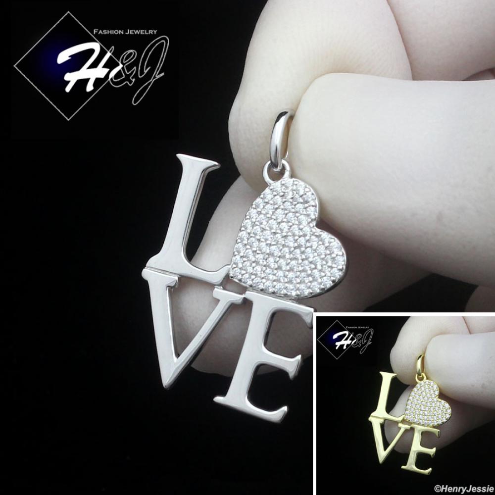 925 STERLING SILVER ICY CZ GOLD PLATED/SILVER LETTER "LOVE" HEART PENDANT*SP478
