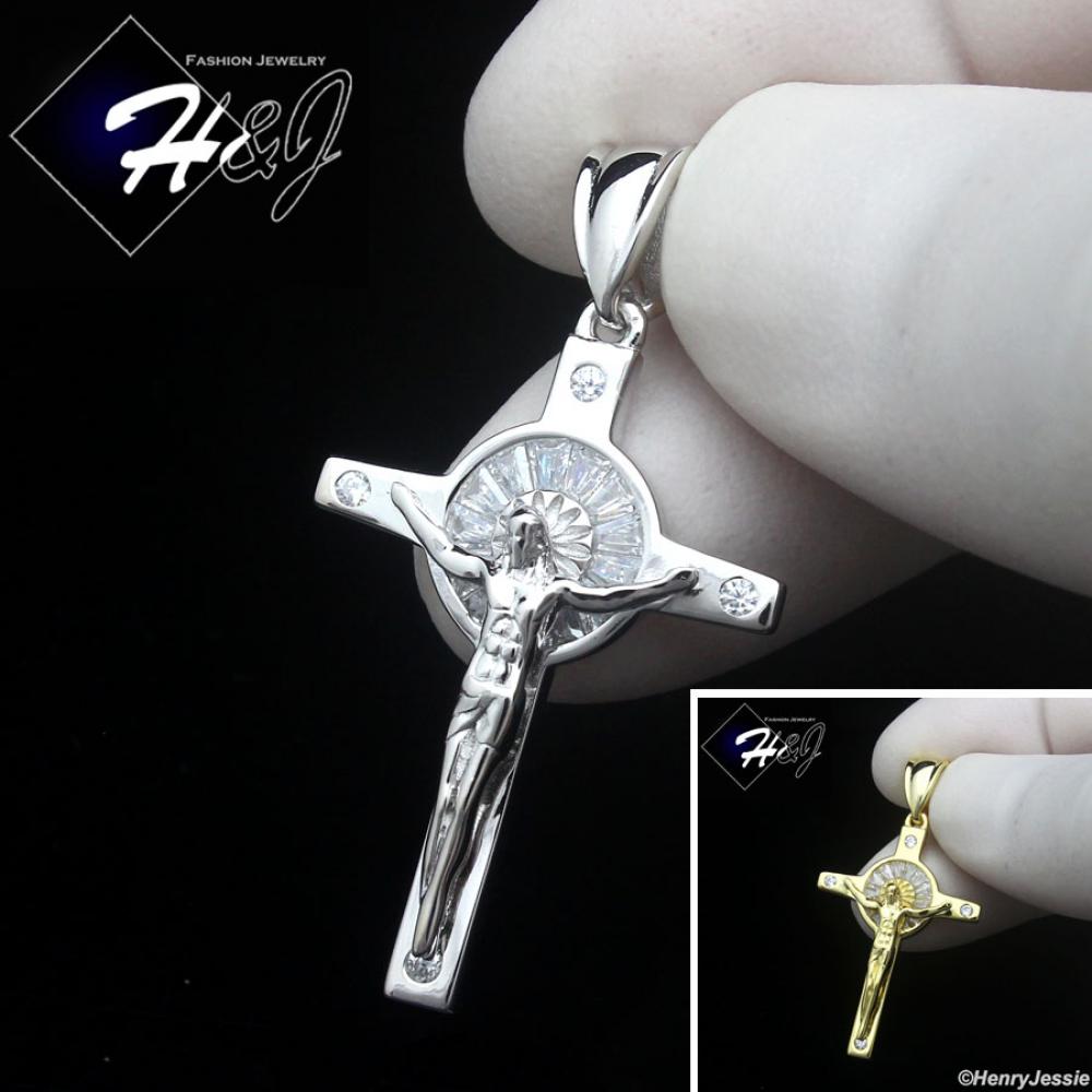 925 STERLING SILVER ICY CZ GOLD PLATED/SILVER 3D JESUS CHRIST CROSS PENDANT*P480