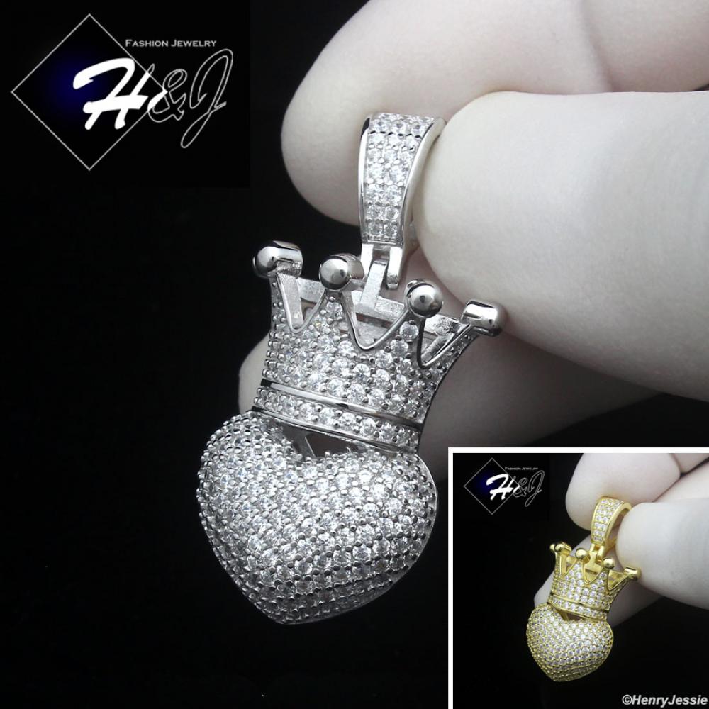925 STERLING SILVER ICY BLING CZ GOLD PLATED/SILVER 3D HEART CROWN PENDANT*SP491