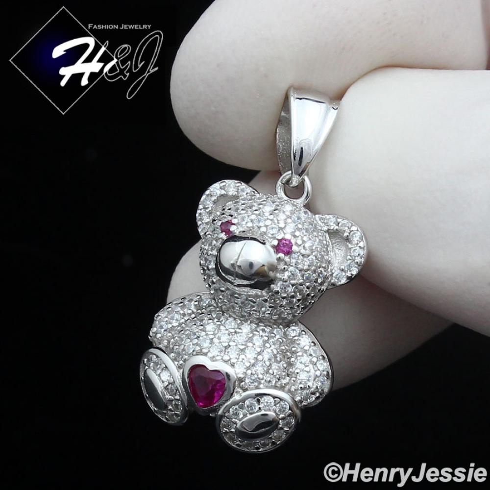 WOMEN SOLID 925 STERLING SILVER ICY BLING HEART PINK CZ 3D BABY BEAR PENDANT*SP447