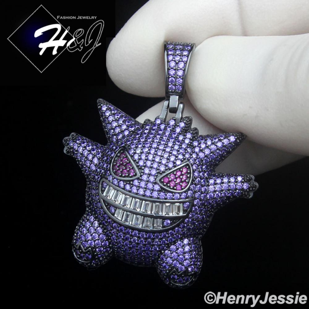 MEN 925 STERLING SILVER ICY PURPLE CZ 3D BLACK PLATED HIPHOP CARTOON PENDANT*P504