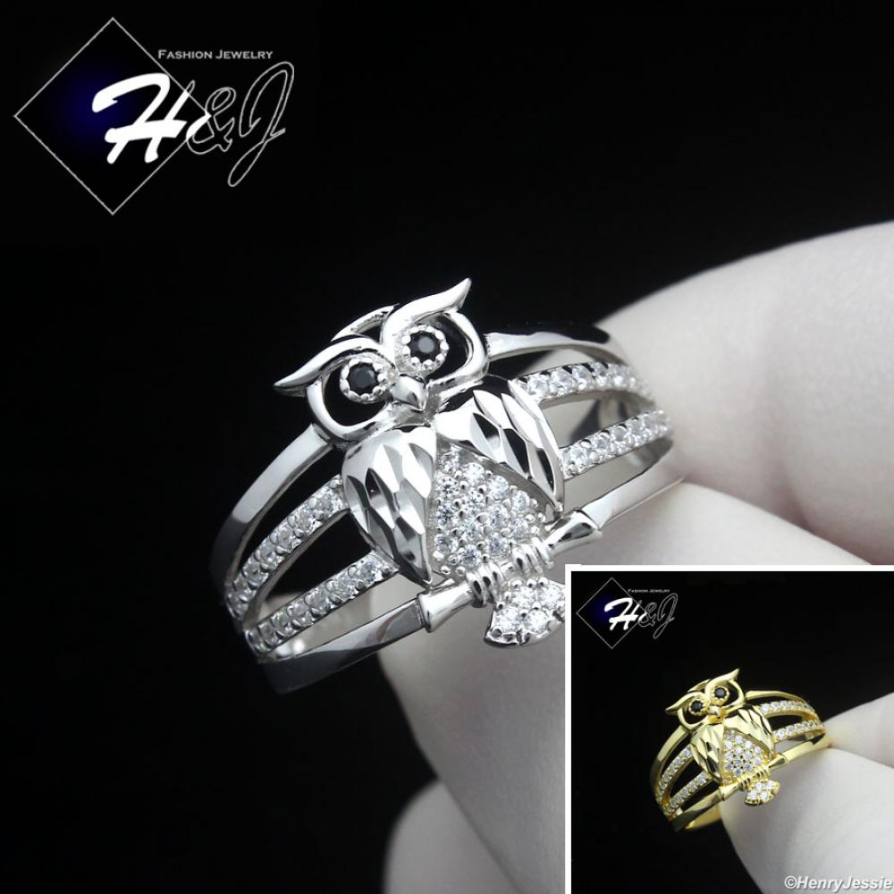 WOMEN 925 STERLING SILVER ICY BLING CZ GOLD PLATED/SILVER 3D OWL BIRD RING*SR221