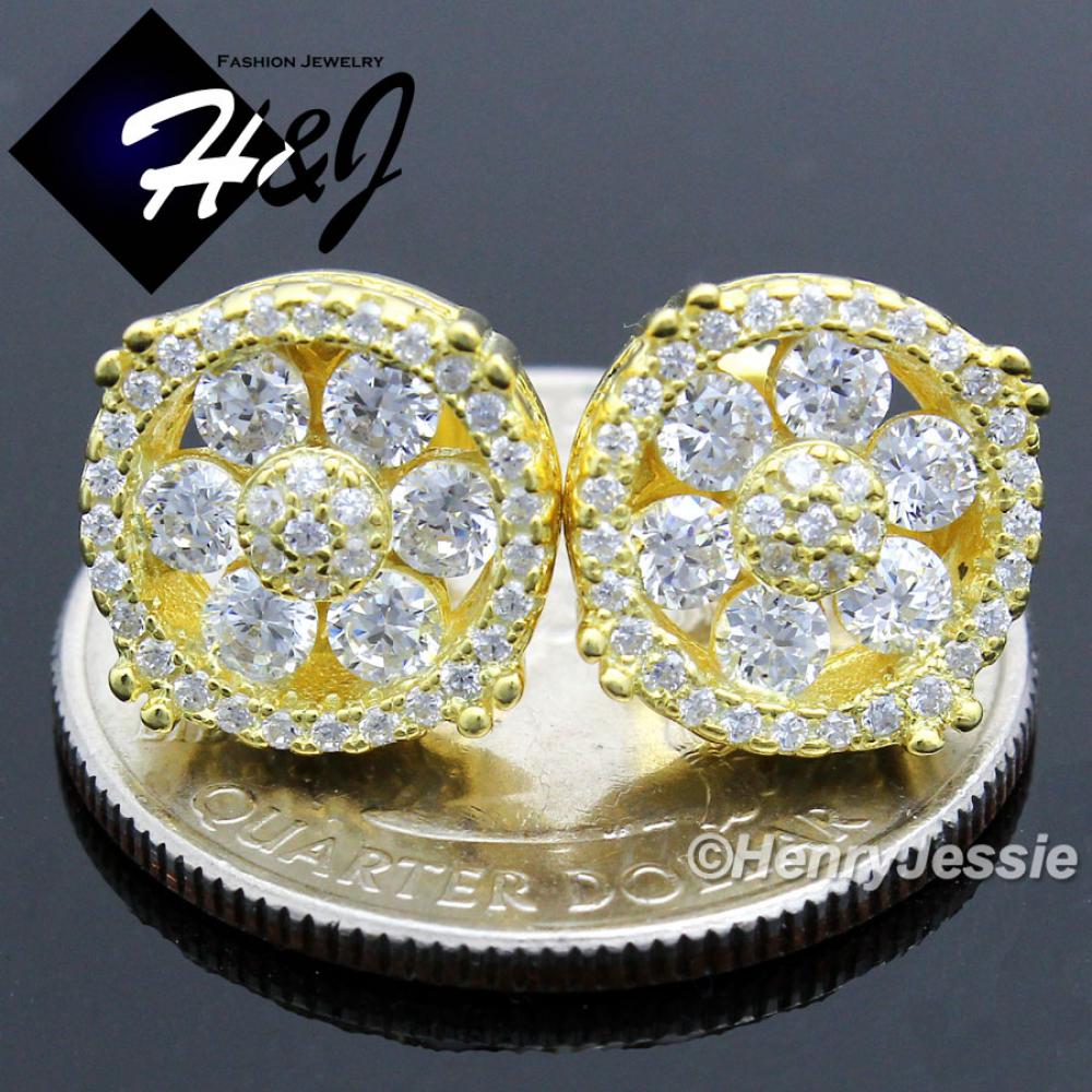 MEN 925 STERLING SILVER ROUND 11MM ICY BLING CZ PUSH BACK GOLD STUD EARRING*GE71