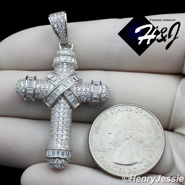 MEN SOLID 925 STERLING SILVER ICY BLING CUBIC ZIRCONIA 3D CROSS PENDANT*SP232