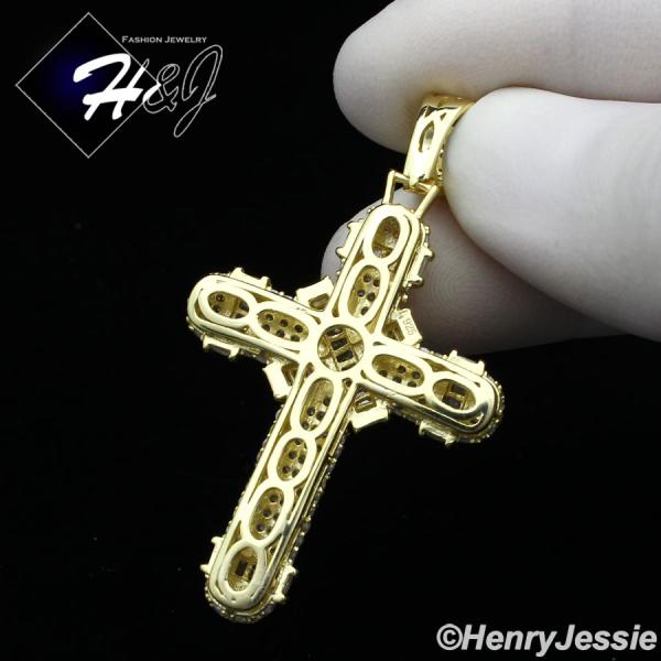 MEN 925 STERLING SILVER ICY BLING CUBIC ZIRCONIA 3D GOLD PLATED CROSS PENDANT*GP232